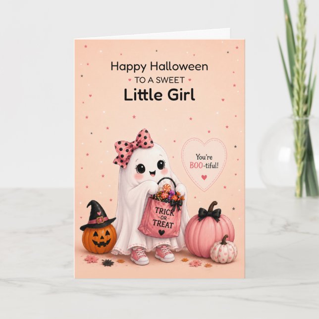 Tarjeta Niña Halloween Fantasma Lindo (Anverso)