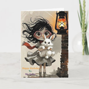 Tarjeta Niña linda y caprichosa sosteniendo arte de conejo