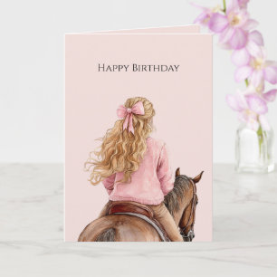 Tarjeta Niña montando caballo lazo rosa cumpleaños