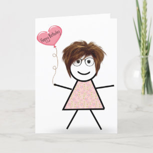 Tarjeta Niña palito con globo de corazón de cumpleaños