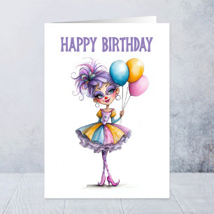 Tarjeta Niña Payaso Colorida Sosteniendo Globos Cumpleaños