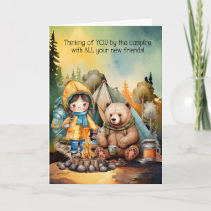 Tarjeta Niña pensando en ti lejos en el campamento de vera