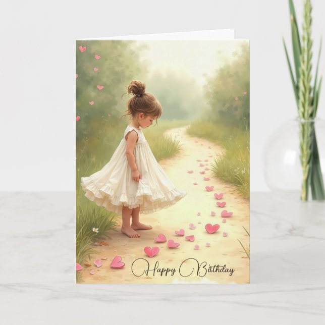 Tarjeta Niña Pequeña Con Corazón Rosa Cumpleaños (Anverso)
