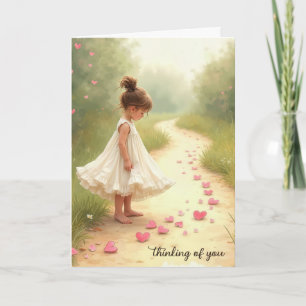 Tarjeta Niña pequeña con el corazón rosado pensando en ti