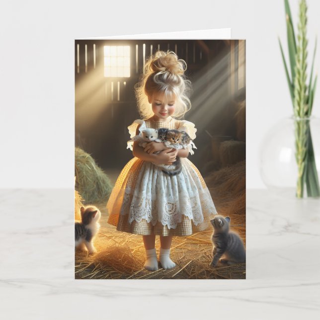 Tarjeta Niña Pequeña Con Gatitos De Barn Cumpleaños (Anverso)