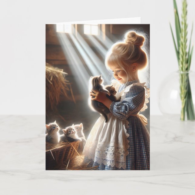Tarjeta Niña pequeña con gatitos de grano por cumpleaños (Anverso)
