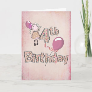 Tarjeta Niña pequeña con globos rosados en cuarto cumpleañ