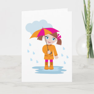 Tarjeta Niña Pequeña con Impermeable Naranja y Paraguas Ro