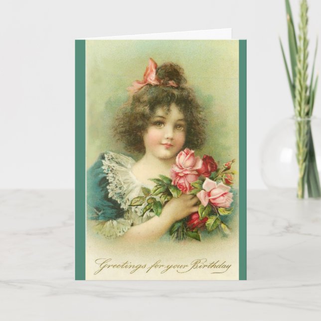 Tarjeta Niña pequeña con rosas rosadas, cumpleaños (Anverso)