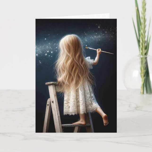 Tarjeta Niña pequeña en las estrellas de la pintura de una (Anverso)