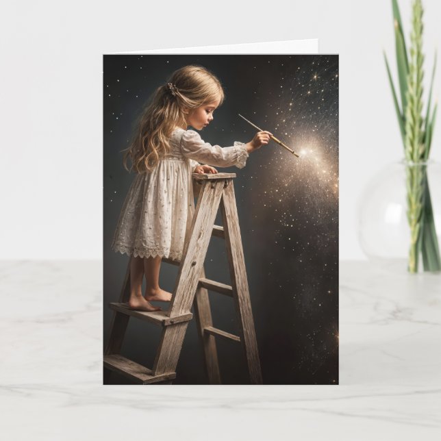 Tarjeta Niña pequeña en las estrellas de la pintura de una (Anverso)
