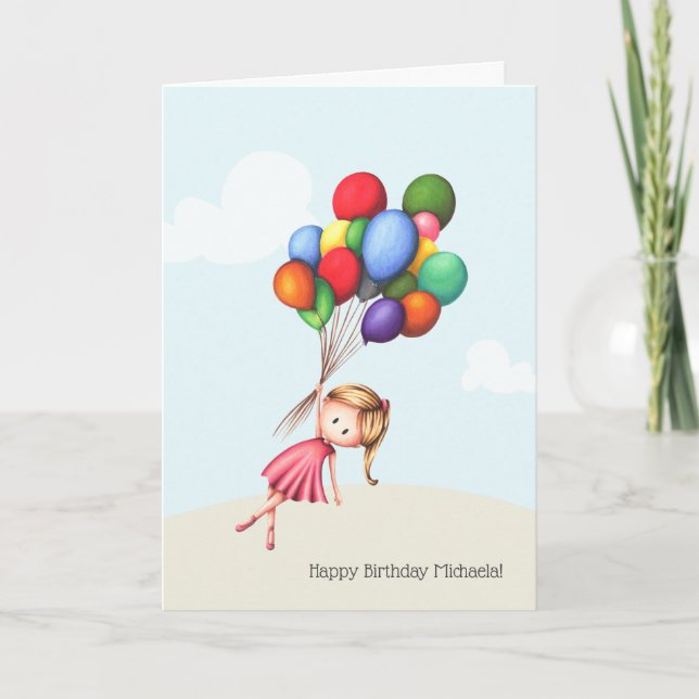 Tarjeta Niña pequeña sosteniendo grandes globos Cumpleaños (Anverso)