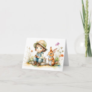 Tarjeta Niña Pequeña y Linda con Conejos y Flores en Blanc