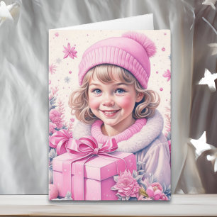 Tarjeta Niña Pequeña y Linda de Época en Navidad Retro Ros