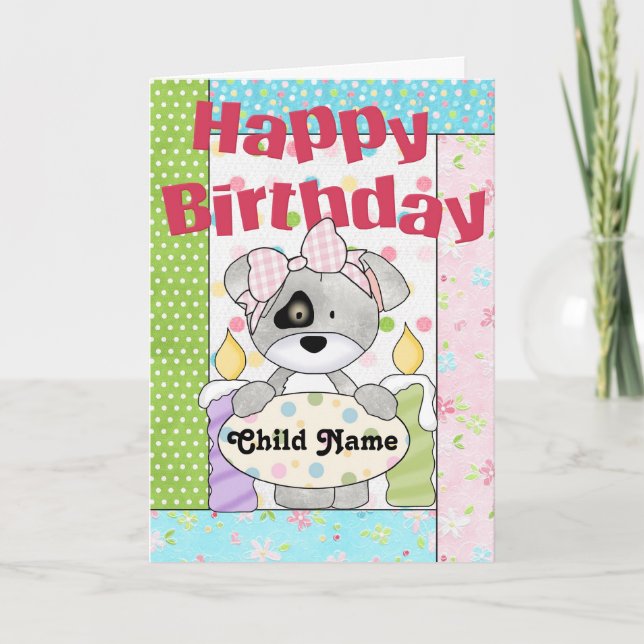 Tarjeta Niña Personalizable de cachorro feliz cumpleaños (Anverso)