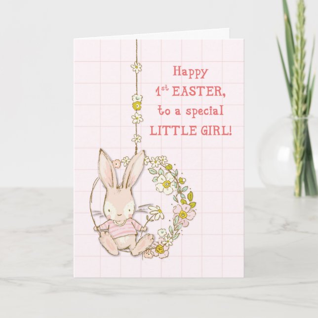 Tarjeta Niña primera conejita de Pascua con flor girando (Anverso)