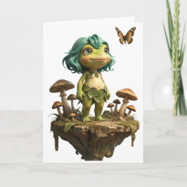Tarjeta Niña Rana Adorable Entre Hongos con Mariposa