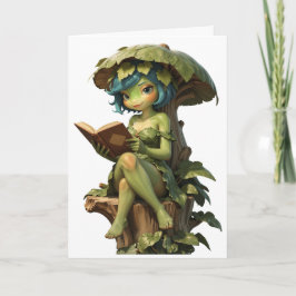 Tarjeta Niña Rana Linda Leyendo Libro Bajo Hoja