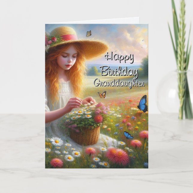 Tarjeta Niña recogiendo flores cumpleaños de nieta  (Anverso)