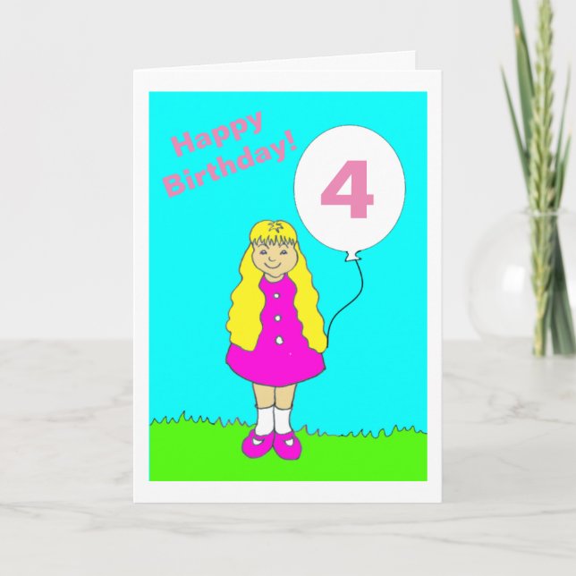Tarjeta Niña Rosa Cute De 4 Años (Anverso)