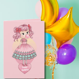 Tarjeta Niña Soplando Burbuja de Chicle Rosa, Cumpleaños