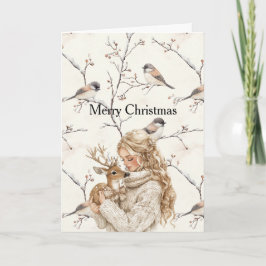 Tarjeta Niña sosteniendo ciervo pájaros árbol crema Navida