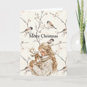 Tarjeta Niña sosteniendo ciervo pájaros árbol crema Navida