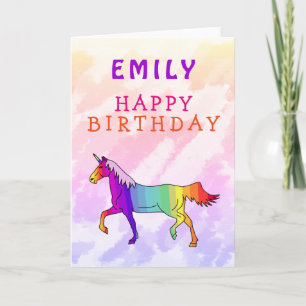 Tarjeta Niña Unicornio Color Rosa Feliz Cumpleaños 