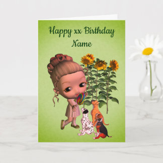 Tarjeta Niña Y Cachorros Personalizados Cumpleaños