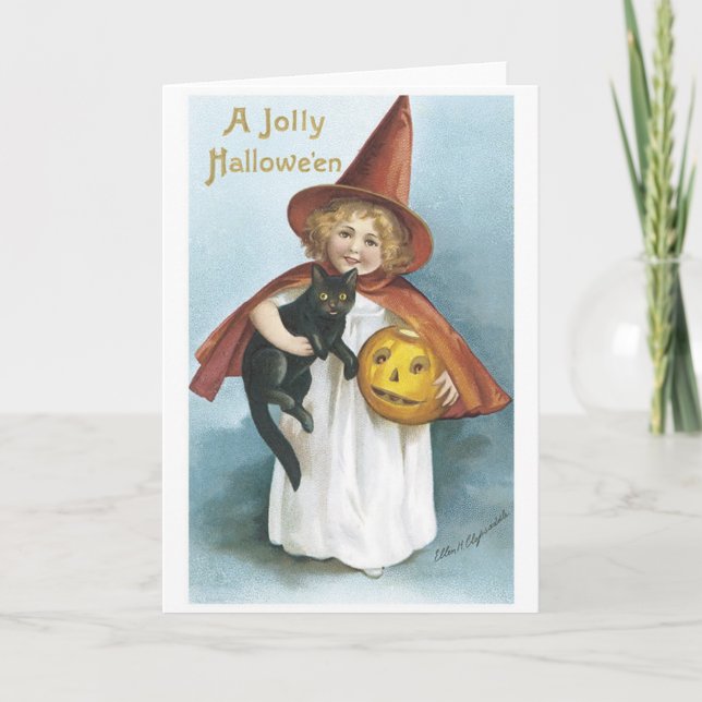 Tarjeta Niña y gato negro alegremente Halloween (Anverso)