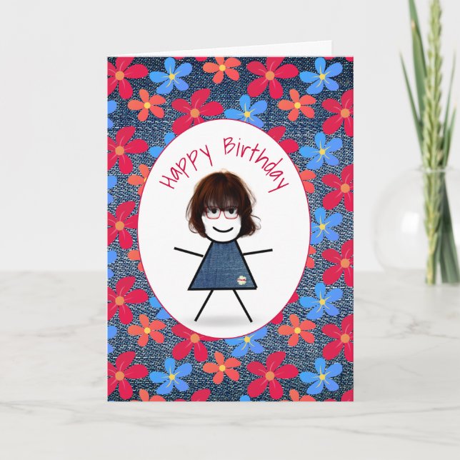 Tarjeta Niña y maricas de cumpleaños con denim azul (Anverso)