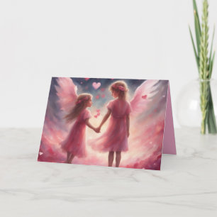 Tarjeta Niñas angelicales que se dan la mano San Valentín