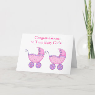 Tarjeta Niñas gemelas felicitan a buggy rosado