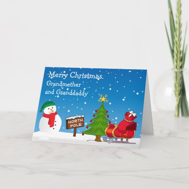 Tarjeta Niñas y abuelos Árbol de Navidad Polo Norte Snowma (Anverso)