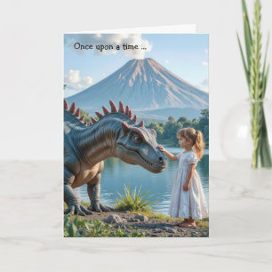 Tarjeta Niñita de cumpleaños comiendo un dinosaurio