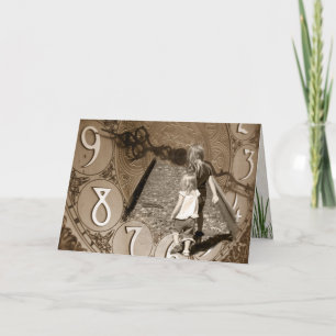 Tarjeta niñitas en vías férreas en la cara de reloj