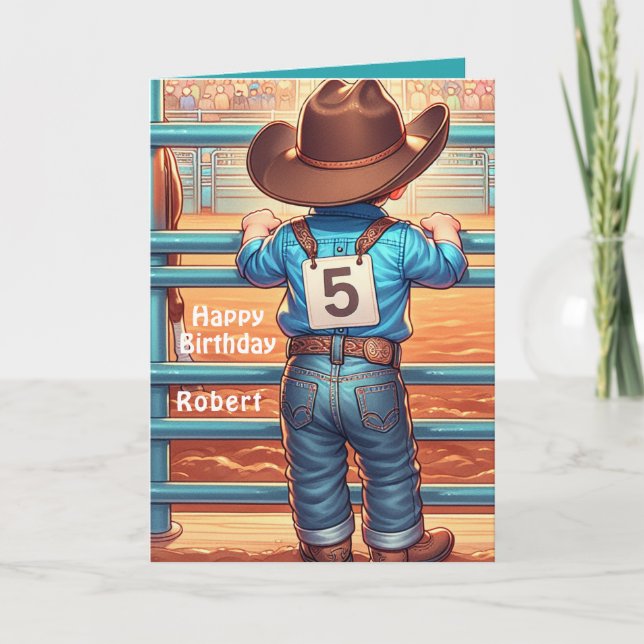 Tarjeta Niñito Occidental Personalizado de Rodeo de 5 Años (Anverso)