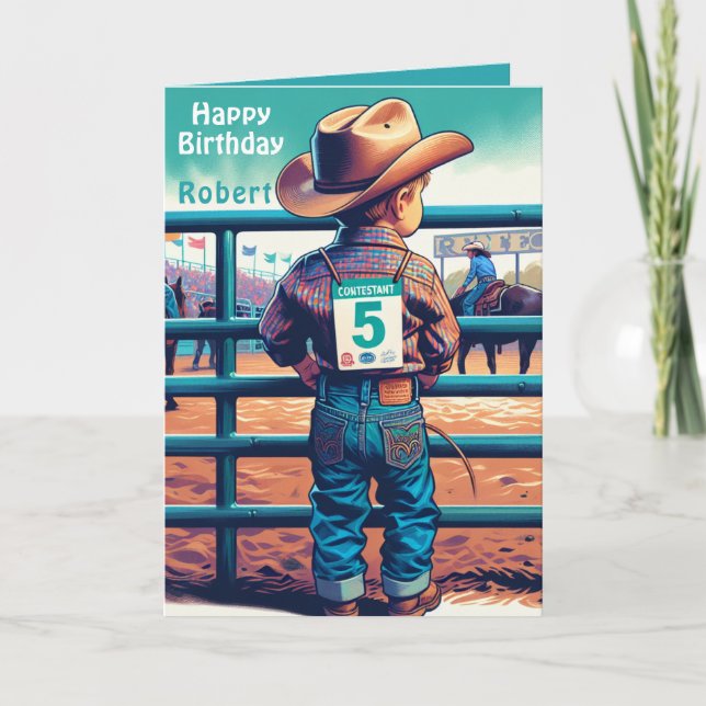 Tarjeta Niñito Occidental Personalizado de Rodeo de 5 Años (Anverso)