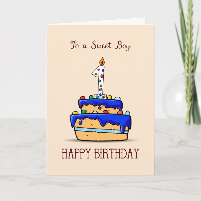 Tarjeta Niño 1 cumpleaños, 1 sobre dulce pastel azul (Anverso)