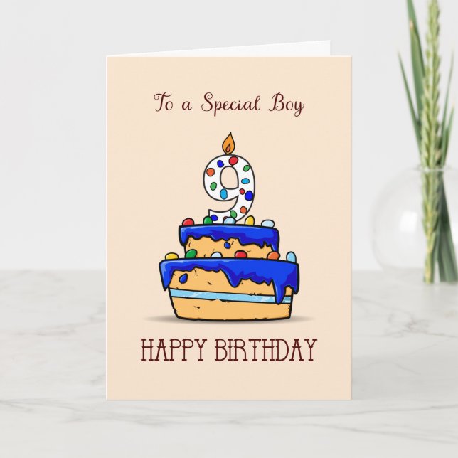 Tarjeta Niño 9 cumpleaños, 9 en dulce pastel azul (Anverso)