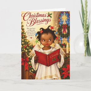 Tarjeta Niño afroamericano cantando villancicos de Navidad