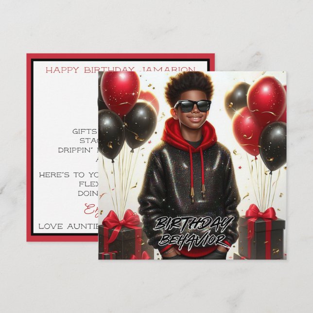 Tarjeta Niño afroamericano de estilo negro/rojo cumpleaños (Anverso / Reverso)