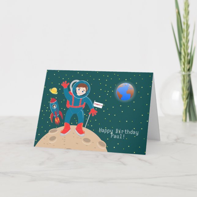 Tarjeta Niño astronauta en la fiesta de cumpleaños de la l (Anverso)