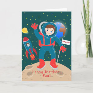 Tarjeta Niño astronauta en la fiesta de cumpleaños de la l