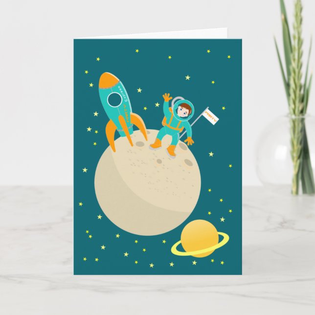 Tarjeta Niño astronauta en la fiesta de cumpleaños de la l (Anverso)