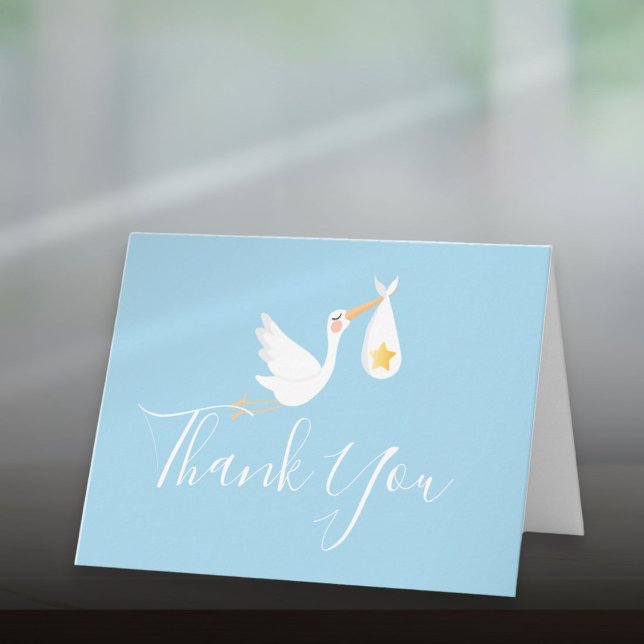 Tarjeta Niño Azul Cigüeña Dorada Estrella Script Gracias (Baby Boy Blue Stork Gold Star Script Thank You Card)