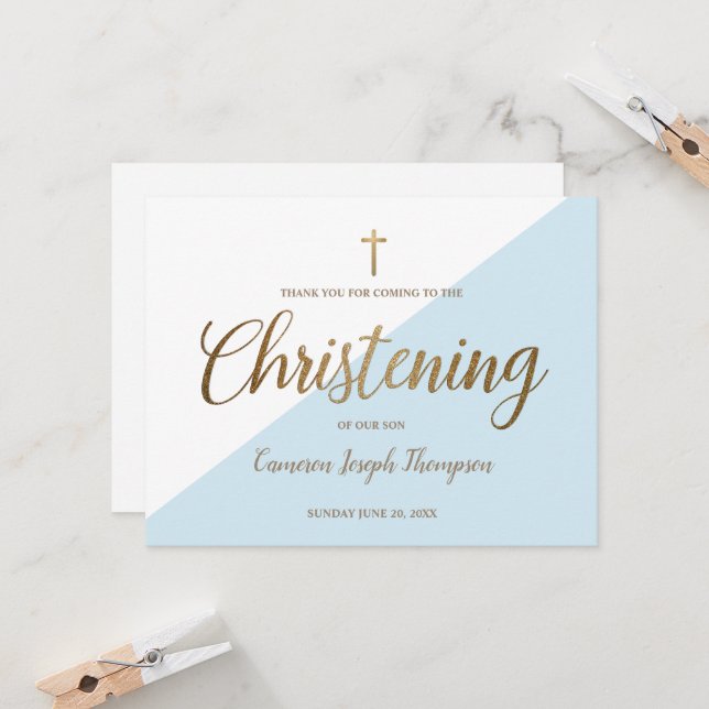 Tarjeta Niño Bebé Bebé Azul Christening Gold Gracias (Anverso/Reverso In Situ)