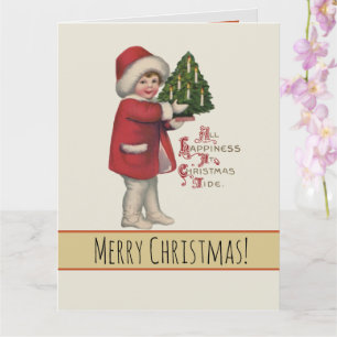 Tarjeta Niño con árbol de Navidad Arte de ilustración vint