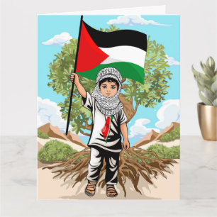 Tarjeta Niño con bandera palestina de Keffiyeh y olivo