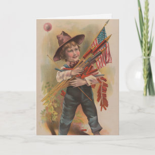 Tarjeta Niño con Fuegos Artificiales, Bandera Americana, I